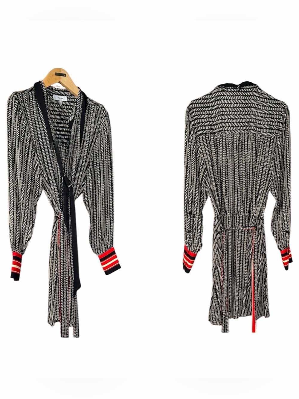 Reiss Robyn Contrasting Stripe Cuff Printed Mini Dress Red Black pussybow - Picture 8 of 8